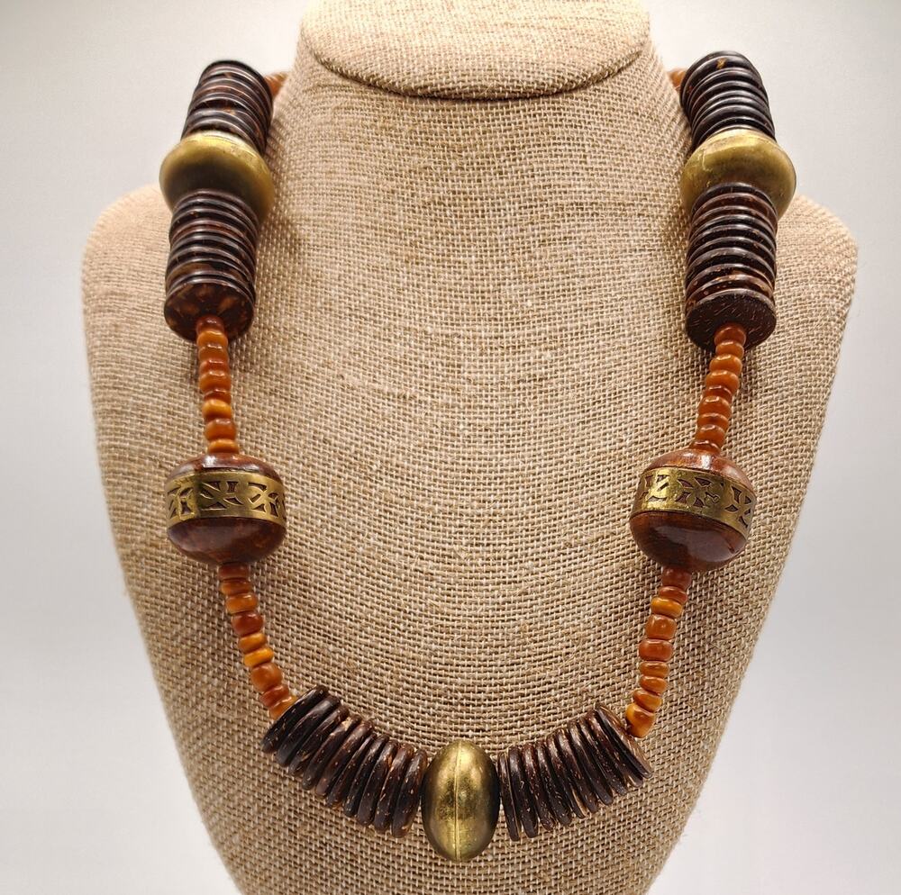 Vintage Boho Statement Necklace Coconut Shell Wood Horn Brass Beads 24in 1970s